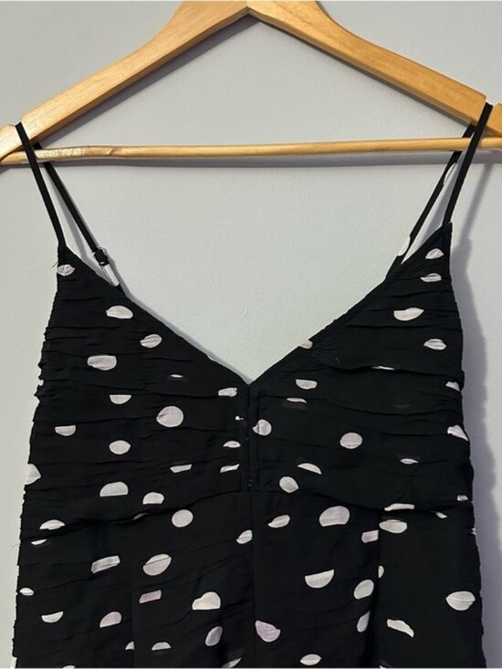 LOFT Polka Dot Midi Dress Black White Ruched Tiered Size 12 Coquette - Picture 4 of 12